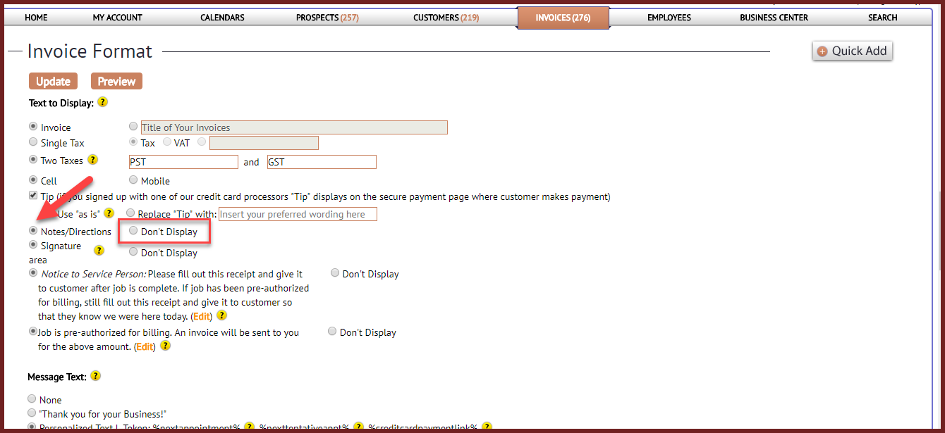 format 2 invoice notes